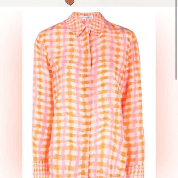 Altuzarra Constintina Gingham Plaid 100% Silk Button Front Top Sz 38 - Picture 4 of 8